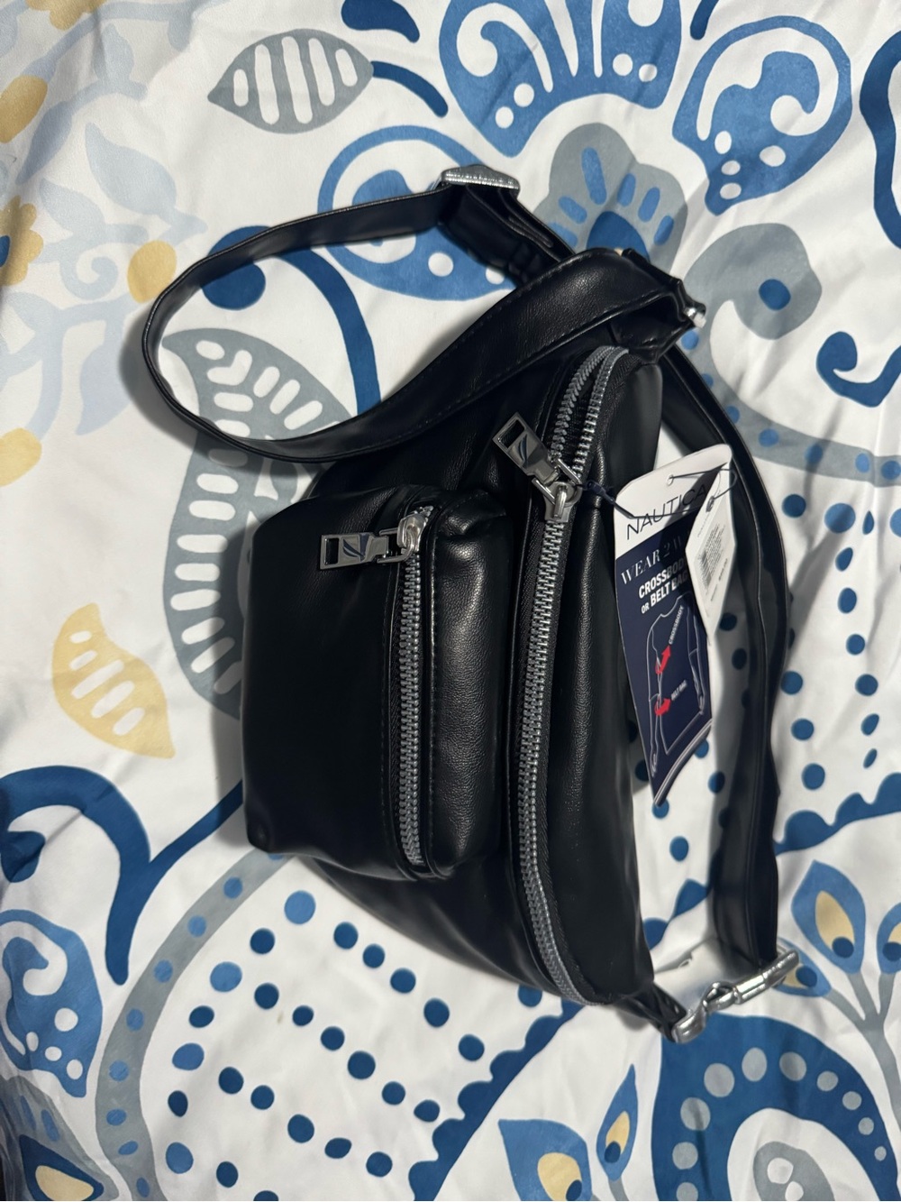 Nautica Black Faux-Leather Sling Bag with Silver Hardware